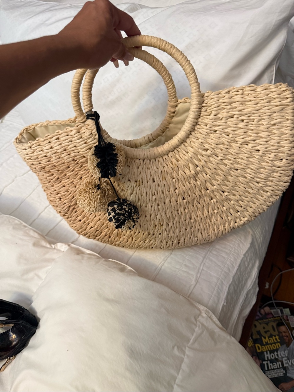 Natural Straw Tote Bag with Pom Tassels